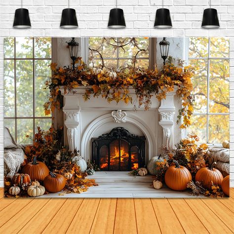 Fall Dried Leaves Fireplace Pumpkin Backdrop RR8-320 – Dbackdrop Thanksgiving Fireplace Decor, Fall Photo Backdrop, Holiday Fireplace Decor, Pumpkin Backdrop, Fall Mantels, Back To School Photography, Primitive Autumn, Holiday Fireplace, Backdrop Stands