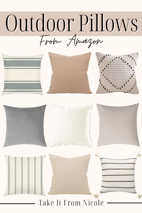 Front Porch Pillows Decorating Ideas, Front Porch Pillows, Outdoor Throw Pillow Ideas, Outdoor Couch Pillows, Outdoor Pillows Ideas Color Schemes Patio, Outdoor Cushions And Pillows Trends, Patio Throw Pillows, Porch Pillows Outdoor, Neutral Patio Decor Ideas