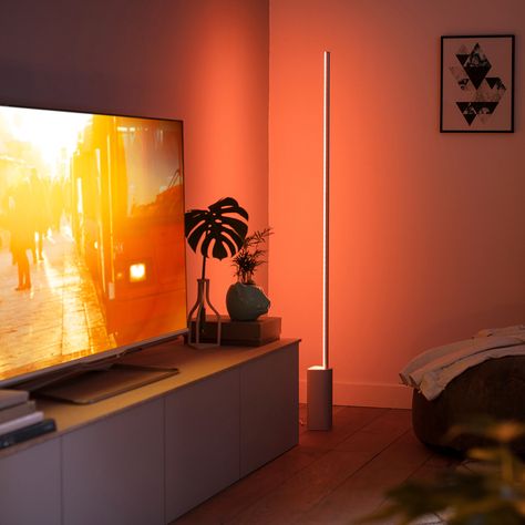 Led Room Ideas, Mood Lighting Living Room, Phillips Hue, Philips Hue Lights, Hue Lights, Silver Floor Lamp, Smart Lights, Cool Floor Lamps, Philips Hue