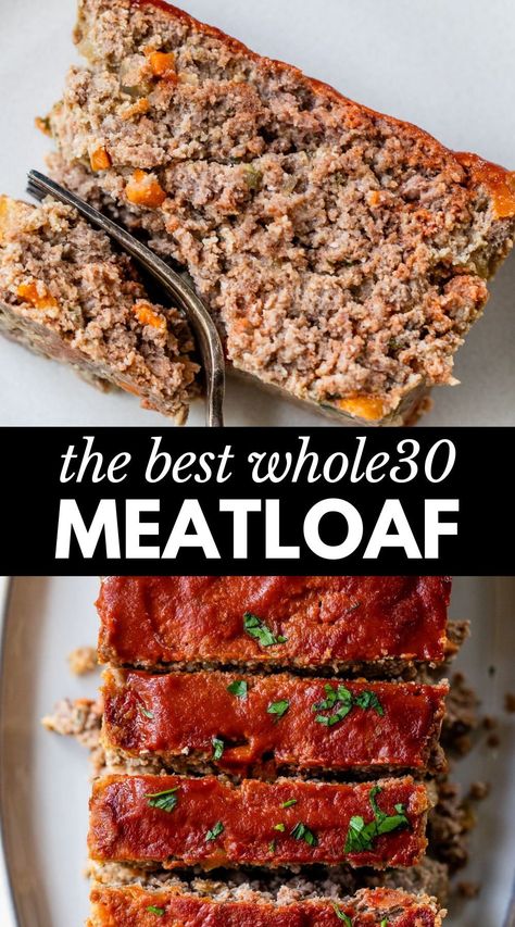 This Whole30 Meatloaf recipe is gluten free, dairy free and SO delicious. Made with ground beef, almond flour and coconut aminos, then topped with a simple ketchup glaze, your family will be asking for more! Whole30 Meatloaf Recipes, Carb And Dairy Free Recipes, Whole 30 Burger Casserole, Aip Recipes Dinner Ground Beef, Almond Flour Meatloaf, Family Whole 30 Recipes, Ground Beef Recipes Lactose Free, Whole 30 Crockpot Dump Meals, Whole 30 Sausage Recipe