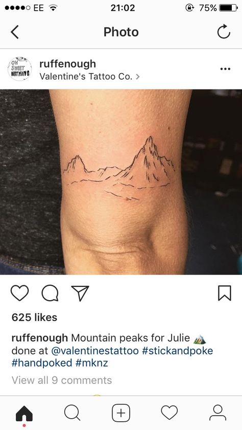 Mountains Above Knee Tattoo, Knee Mountain Tattoo, Mountain Knee Tattoo, Mountain Tattoo Above Knee, Above The Knee Tattoo Ideas, Piercing Placement, Above The Knee Tattoo, Above Knee Tattoo, The Knee Tattoo