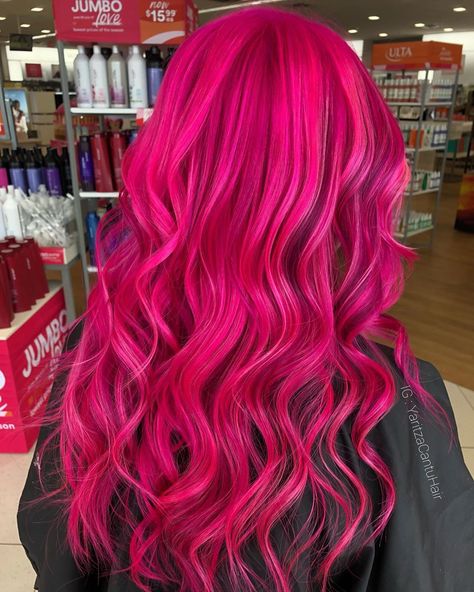 Neon Pink Hair Highlights, Pink Hair Neon, Hot Pink Hair Aesthetic, Neon Pink Highlights, Purple Lowlights, Fuschia Hair, Highlights Purple, Neon Hair Color, Pink Hair Highlights