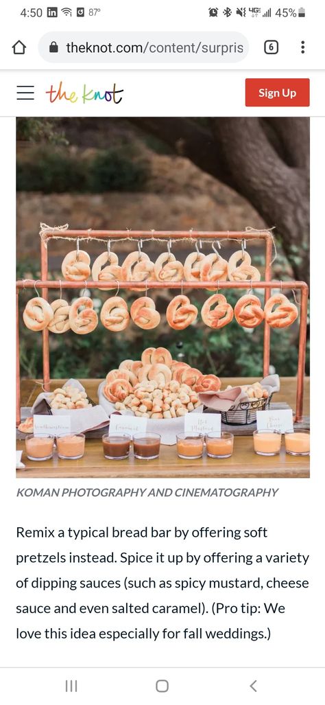 A pretzel bar is a super cute idea for the wedding or engagement if you have German Heritage - or not, it's also just delicious! Soft Pretzel Bar, Pretzel Station, Pretzel Cheese Dip, Wedding Pretzels, Pretzel Bar, Bread Bar, Pretzel Bars, Wedding Food Stations, Pretzel Cheese