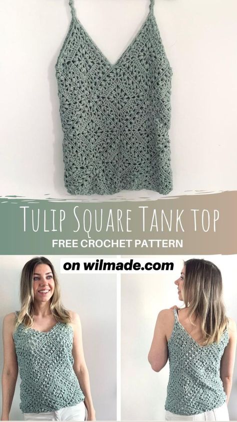 Pin on Crochet patterns by Wilmade Square Tank Top, Make A Granny Square, Crochet Tank Top Free, Cardigans Crochet, Crochet Tank Tops, Crochet Crop Top Pattern, Mode Crochet, Crochet Tops Free Patterns, Crochet Summer Tops