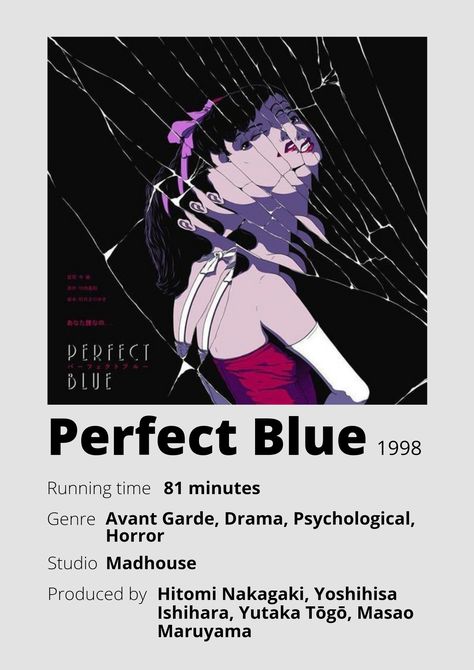 Perfect Blue Minimalist Poster, Perfect Blue Red Dress Anime, Mirror Moodboard, Perfect Blue Anime, List Anime, Anime Minimalist Poster, Poster Information, Satoshi Kon, Anime List