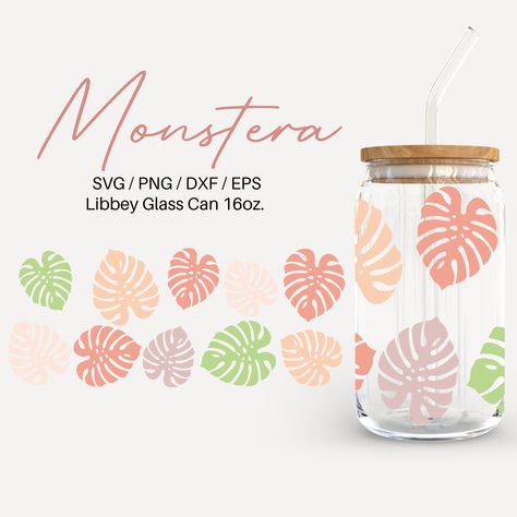 Glass Cup Svg, Boho Monstera, Libby Glasses, Coffee Cup Png, Ice Coffee Cup, Libbey Glasses, Glass Can Wrap, 16oz Glass Can, Glass Wrap