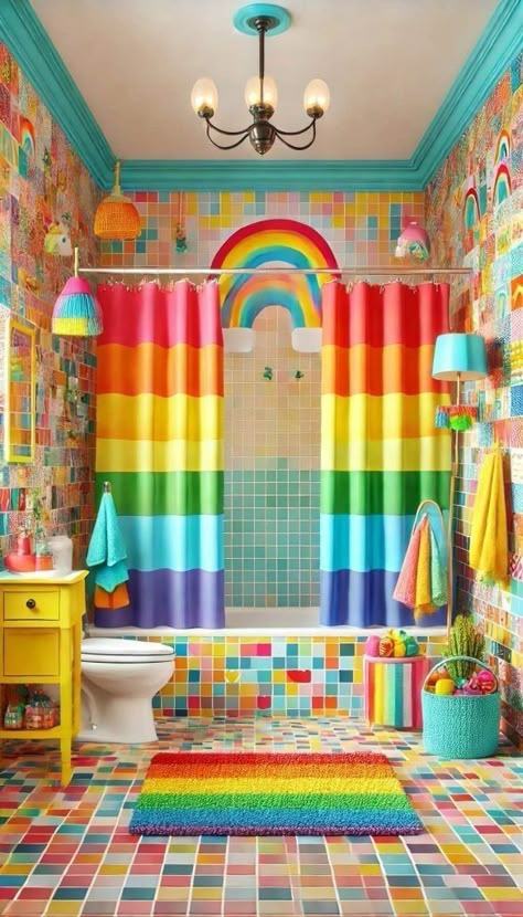 Dopamine Bathroom, Kids Guest Bathroom Ideas, Bright Colored Bathrooms, Rainbow Bathroom, Girls Bathroom Ideas, Colorful Bathroom, Girl Bathrooms, Rainbow House, Bathroom Decor Colors