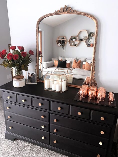 Black Chalk Painted Dresser, Black Dresser Redo, Black Dresser With Mirror, Black Dresser Aesthetic, Moody Bedroom Dresser, Refurbished Black Dresser, Dresser With Mirror Makeover, Black Dresser Bedroom Ideas, Black Dresser Decor