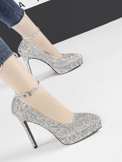 Ankle Strap Ultra High Heeled Glitter Pumps Silver Soiree Dresses, High Heels Outfit, Queen Aesthetic, Soiree Dress, Cute Shoes Heels, Glitter Pumps, Beautiful Heels, Glitter Shoes, Ball Gowns Prom