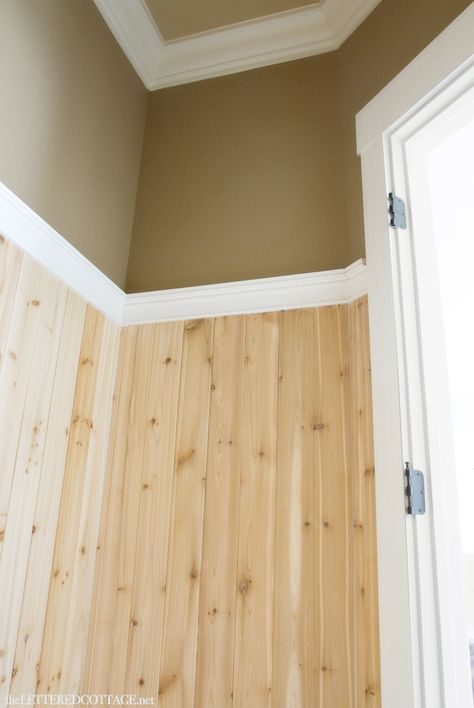 Natural Wood Beadboard Walls, Natural Wood Wainscoting, Stained Beadboard Walls, Half Bath Update, Pine Wainscoting, Stained Beadboard, Cabin Walls, Pine Paneling, White Bathroom Paint