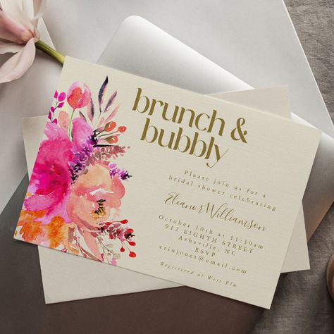 Pink Gold Watercolor Floral Bridal Shower Brunch  Invitation Brunch With The Bride, Bridal Shower Brunch Invitations, Brunch And Bubbly, Wedding Announcement Cards, Simple Bridal Shower, Brunch Bubbly, Garden Bridal Showers, Brunch Invitations, Bridal Shower Brunch