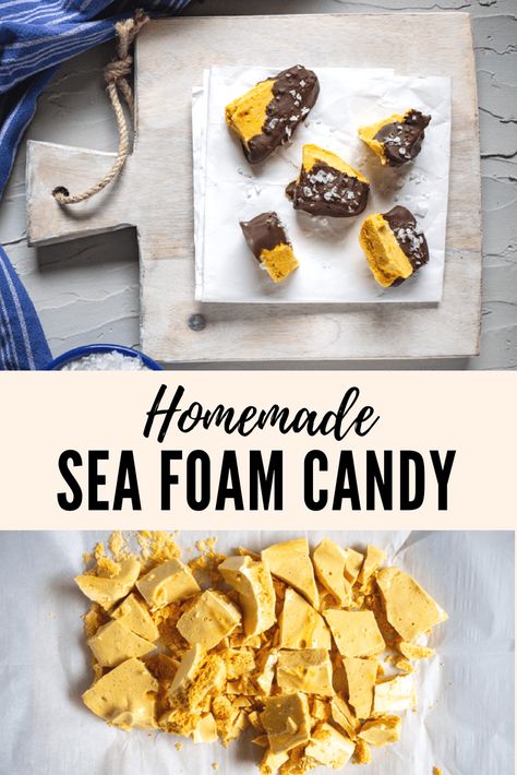 An easy recipe for homemade sea foam candy: chewy, crunchy, airy, caramel-like honeycomb pieces dipped in chocolate and topped with sea salt flakes. #VioletCrumble #HoneycombCandy #SeaFoamCandy #CardamomAndCoconut Sea Foam Candy, Homemade Honeycomb, Foam Candy, Honeycomb Recipe, Candy Homemade, Honeycomb Candy, Toffee Candy, Amigurumi For Beginners, Dipped In Chocolate