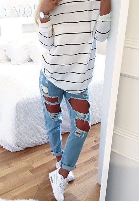 Cooler Look, Clothes Dress, Jeans Boyfriend, Looks Style, Mode Inspiration, Top 20, Outfits Casuales, Dress Fashion, Ripped Jeans