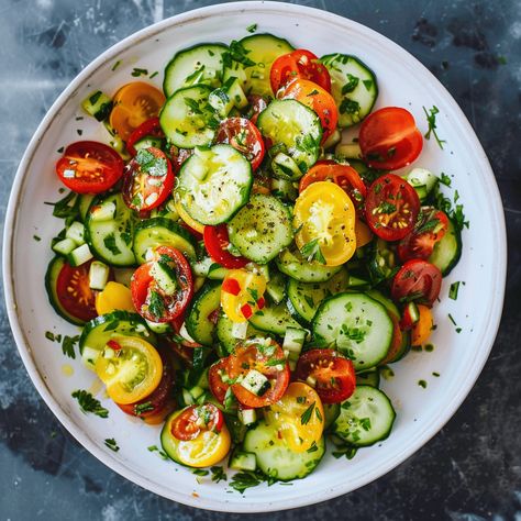 Fresh cucumber tomato salad with red onion, herbs, olive oil, and vinegar. Perfect summer dish ready in minutes. Salad With Red Onion, Salad Party, Beautiful Salads, Cucumber Onion Salad, Cucumber And Tomato Salad, Tomato Cucumber Salad, Tomato Salad Recipe, Zucchini Tomato, Tomato Salad Recipes