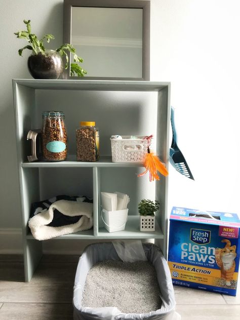 5 Tips for Organizing Your Cat's Essentials - The Sprouting Minds Cat Supply Storage, Organizing Cat Supplies, Cat Supplies Organization, Cat Food Organization, Pet Corner Ideas Cats, Cat Organization Ideas, Cat Corner Ideas Spaces, Cats Essentials, Cat Area In Apartment