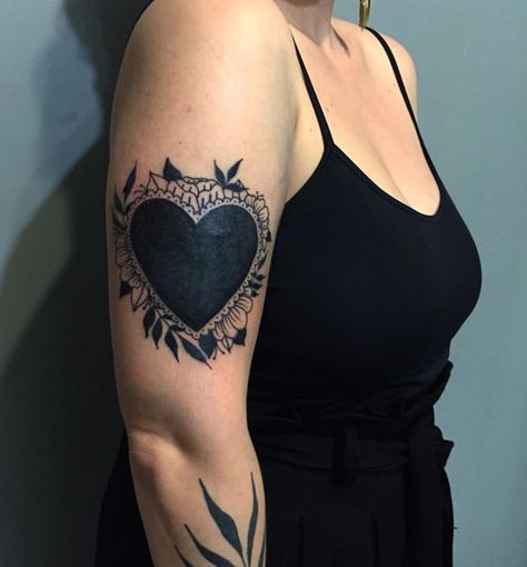 black heart tattoo Black Out Heart Tattoo, Heart With Vines Tattoo, Black Coverup Tattoo Ideas, Blacked Out Heart Tattoo, Traditional Black Heart Tattoo, Ornate Heart Tattoo, American Traditional Heart Tattoo Black, Cute Cover Up Tattoos, Solid Black Heart Tattoo