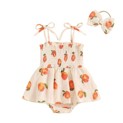 PRICES MAY VARY. FASHIONABLE DESIGN: Newborn infant Baby girl romper dress with fruit/flower print, square neck, ruched design, ruffled hemline, puffy short sleeves, baby girl summer romper, and cute headband set, simple but fashionable, make your baby so cute. MATCHING:Toddler girl jumpsuit can be easily matched with shoes, accessories and jackets to show your baby's unique temperament,Baby girl clothes a perfect outfit for summer. SOFT AND BREATHABLE: The two-piece infant girl jumpsuit is made Casual Summer Rompers, Peach Print, Bodysuit Dress, Baby Rompers, Jumpsuit Pattern, Casual Rompers, Age 12