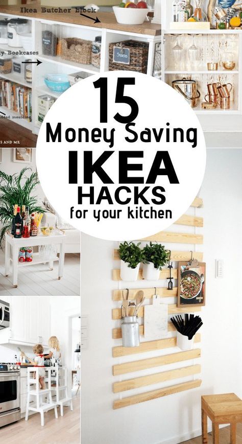 These 15 IKEA Kitchen hacks are the BOMB!! They will help me save so much money on decorating my home by using cheap DIY projects to upgrade my cabinets, storage, utensil holders and island. I can't wait to try them! Definitely PINNING this for later! Ikea Malm Hacks, Ikea Kitchen Hacks, Kitchen Ikea, Hacks Ikea, Utensil Holders, Diy Hanging Shelves, Farmhouse Kitchen Island, Ikea Bedroom, Ikea Kallax