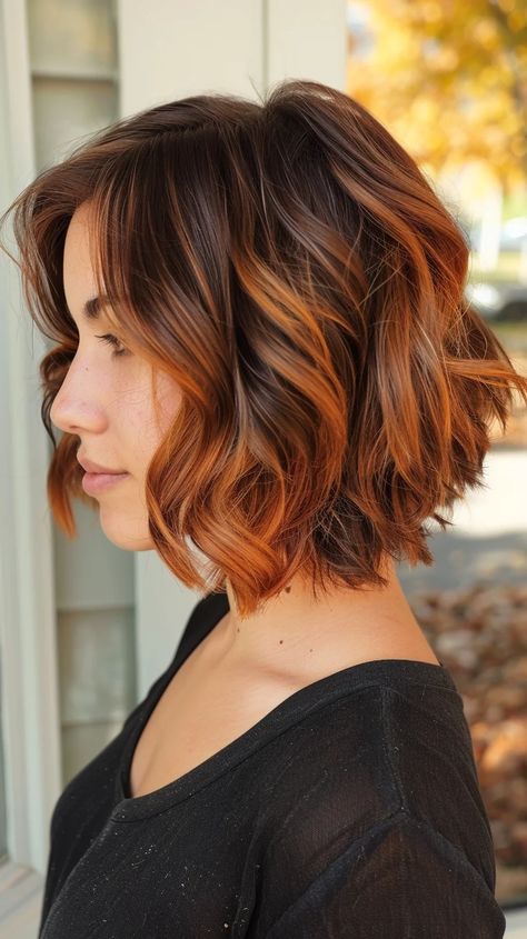 Mid Length Copper Balayage, Short Hair Copper Highlights, Copper Balayage Short Hair, Copper Short Hair, Brown Hair With Copper Highlights, Copper Balayage Hair, Balayage Brunette Short, Short Auburn Hair, Rockstar Hair