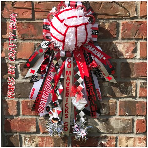 Basketball Homecoming Mum, Megaphone Homecoming Mum, Red Black And White Homecoming Mums, Red Mums Homecoming, Homecoming Mum Backers Diy, Sophomore Homecoming Mum, Garter Mums Homecoming, Volleyball Homecoming Mum, Volleyball Mums Homecoming