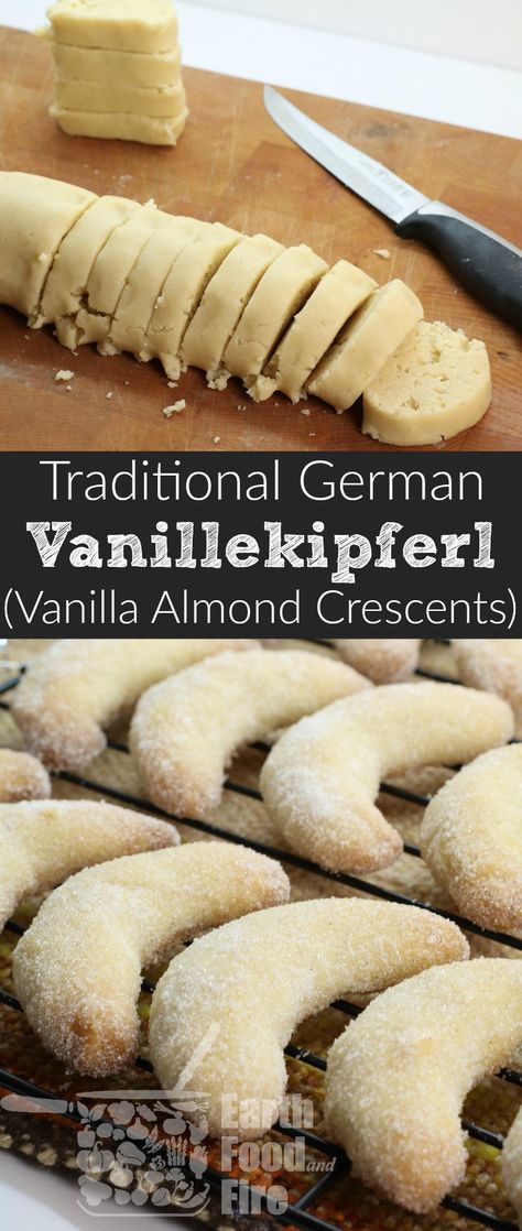 A light shortbread like almond and vanilla cookie, perfect during the holidays. So easy to make and can be shaped however you like! Almond Crescents, Almond Crescent Cookies, German Food Authentic, German Christmas Cookies, Crescent Cookies, German Cookies, German Desserts, German Baking, Almond Flavor