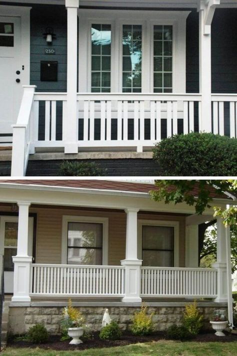 Craftsman style porch railing Simple Porch Railing, Porch Railing Ideas Farmhouse, Diy Porch Railing, Porch Step Railing, Front Porch Railing Ideas, Porch Railing Ideas, Craftsman Front Porch, Porch Balusters, Bungalow Porch