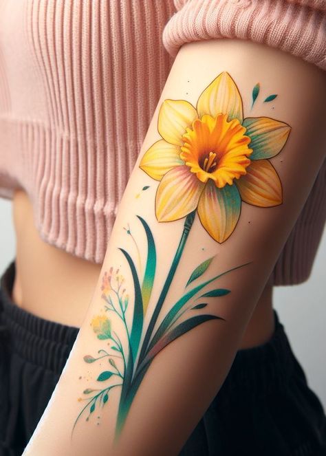 Single Daffodil, March Birth Flower Tattoo, Daisy Chain Tattoo, Daffodil Flower Tattoos, Sweet Pea Bouquet, Daffodil Color, March Birth Flower, November Birth Flower, March Birth Flowers