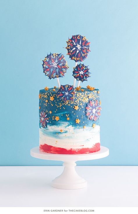 Chocolate Fireworks Cake | The Cake Blog Firework Gender Reveal Party, Red White And Blue Fireworks, Happy Birthday Fireworks, Fireworks Craft For Kids, Fireworks Cake, Birthday Fireworks, Buttercream Techniques, Firework Nails, Fourth Of July Cakes