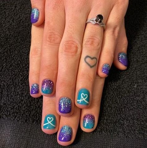 Teal Purple Nails, Purple And Teal Nails Designs, Purple And Turquoise Nails, Purple And Teal Nails, Cheer Nails, Purple Wedding Nails, Fade Nails, Glitter Fade Nails, Theme Nails