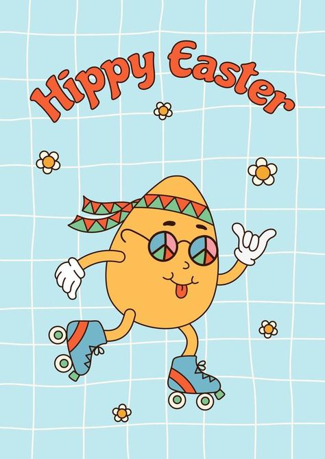 Vertical poster with groovy cartoon character easter egg and quote Hippie easter on blue square background. Flat vector illustration for print, poster, card Blue Square Background, Groovy Cartoon, Canva Hack, Filipino Breakfast, Square Background, Flat Vector Illustration, Vertical Poster, Phone Screens, Quote Poster