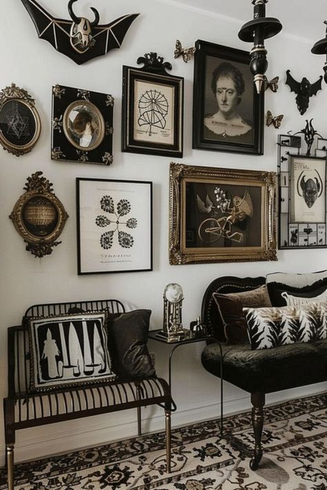 Discover stunning Victorian and vintage-inspired gothic decor ideas that are perfect for fall. Whether you're prepping for Halloween or just revamping your space, this goth Victorian decor style can bring a unique and opulent touch. Learn how vintage goth home decor can make your home stand out this spooky season. Check out these inspiring tips and tricks to perfect your Victorian Gothic house interior! Modern Gothic Interior, Modern Gothic Home, Gothic House Decor, Goth Living Room, Victorian Gothic House, Victorian Gothic Decor, Gothic Living Room, Goth Houses, Gallery Wall Ideas