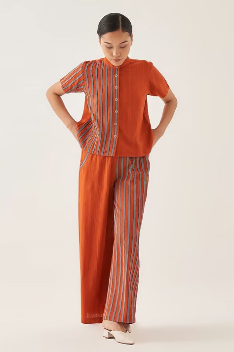 Buy CROSS A LINE Collection | Tops, Pant Sets for Women Online - Aza Fashions Shirt And Trouser, Co Ords Outfits, Pattern Shirt, Flared Trousers, Linen Color, Wedding Dress Trends, Indian Fashion Designers, Co Ord Set, Band Collar