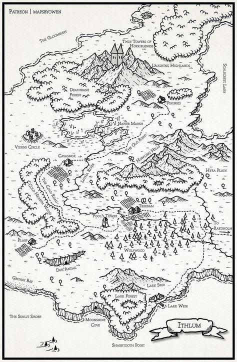 Dnd Hand Drawn Maps, Dnd Maps World Drawn, Drawn Map Art, Cartography Art Fantasy Map, Cool Map Art, Fantasy Map Doodles, Mystical Map Drawing, Fantasy Map Beach, Fantasy Map Hand Drawn