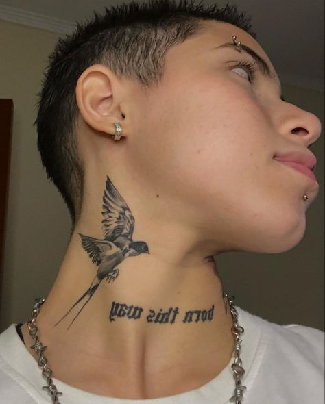 White Tattoo Ear, Bird Neck Tattoo, Dove Neck Tattoo, Sigil Tattoo, Neck Tattoo For Guys, Curly Mullet, Art Ink, Neck Tattoo, Butterfly Tattoo