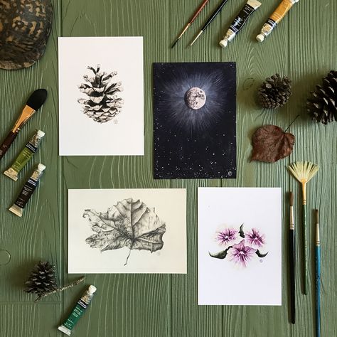 Art Flatlay Ideas, Artwork Photoshoot, Art Flatlay, Sycamore Leaf, Artists Studios, Flatlay Photography, Print Marketing, Ig Photos, Morning Glories