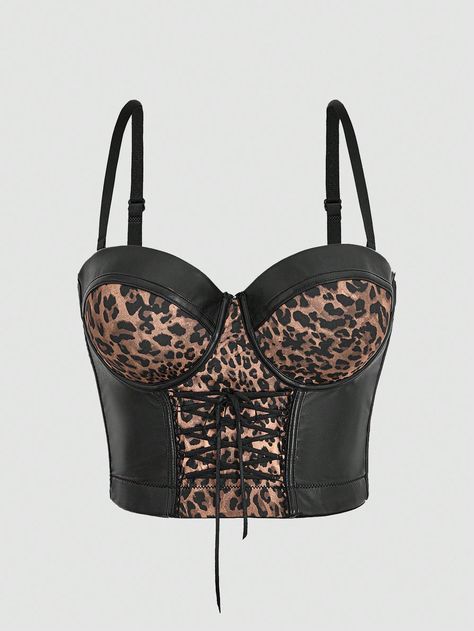 Women Leopard Print Patchwork Spaghetti Strap Front Tie Cami Croset Top Black Sexy   PU Leather Colorblock,Leopard Print,Textured Pattern Cami Medium Stretch  Women Clothing, size features are:Bust: ,Length: ,Sleeve Length: Printed Tee Women, Look Casual, Womens Shoes High Heels, Tank Top Camisole, Casual Everyday, Cheetah Print, Tank Top, Womens High Heels, Maternity Bag