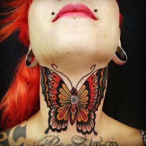 Love it and the colors. But not sure bout the placement. Neck Tattoo For Boys, Throat Tattoos, Front Neck Tattoo, Butterfly Neck Tattoo, Tato Tradisional, Best Neck Tattoos, Butterfly Tattoo On Shoulder, Butterfly Beautiful, Butterfly Back Tattoo