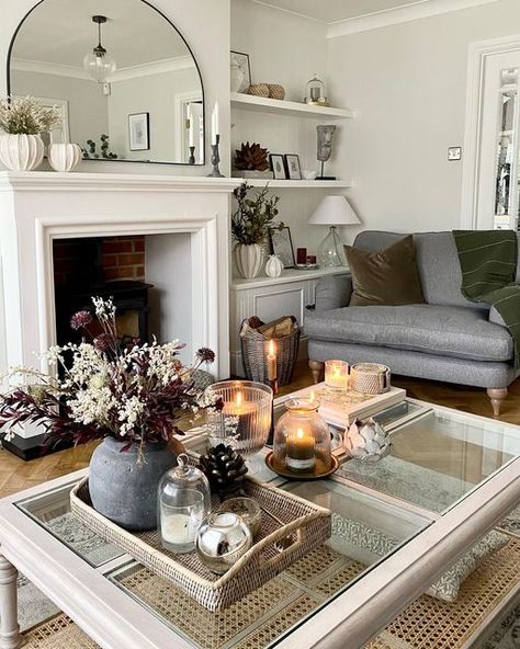 Dressing A Coffee Table, Glass Table Living Room, Alcove Ideas Living Room, Glass Table Decor, British Homes, Stone Planter, Lovely Sunday, Christmas Shoot, Table Decor Living Room