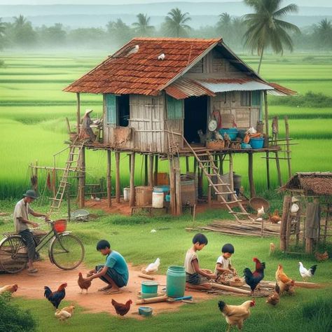 Credit : HSK Furniture Facebook Page. House In Province, Village Scene Drawing, Village Background, Reiki Art, Africa Art Design, Lotus Flower Pictures, Picture Composition, Human Figure Sketches, Mother Pictures