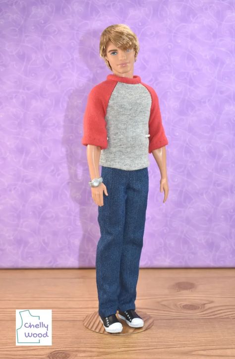 Let’s sew a T-shirt and jeans for Ken dolls with free patterns @ ChellyWood.com #dollClothesPatterns #SewingFun – Free Doll Clothes Patterns Pattern For Ken Doll Clothes, Clothes For Ken Doll, Ken Clothes Patterns Free, Ken Doll Clothes Patterns Free, Ken Doll Outfits, Diy Ken Doll Clothes, Ken Doll Clothes, Free Doll Clothes Patterns, Doll Reference