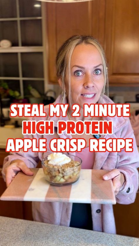 Melissa Chiappone | Mel the Midlife Health & Fitness Coach | 💾 Save this video for later Steal my 2 minute, high protein, apple crumble recipe for the perfect fall treat, packing 30 grams of... | Instagram High Protein Thanksgiving Dessert, Protein Apple Crumble, Healthy Crumble Topping, Protein Apple Crisp, High Protein Fruit, Greek Yogurt Honey, Honey Whipped Cream, Recipes Protein, Yogurt Honey