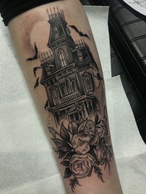 Adams family house done at Black Veil Tattoo Addams Family Tattoo Sleeve, Adam Family Tattoo, Addams Family House Drawing, Adams Family House Tattoo, Creepy House Tattoo, Addams Family House Tattoo, The Adams Family Tattoo, Spooky House Tattoo, Adam’s Family Tattoo