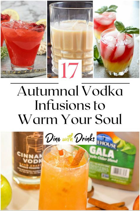 Collage of 4 fall vodka cocktails. Fall Infused Vodka, Autumnal Cocktails, Fall Vodka Cocktails, Vodka Infusions, Vodka Mixed Drinks, Infused Liquors, Diy Pumpkin Spice, Caramel Vodka, Liquor Recipes