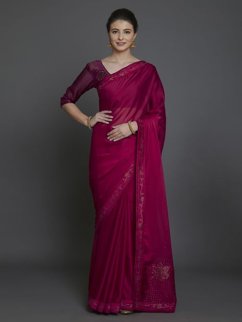 Magenta Saree Contrast Blouse, Dark Pink Saree Contrast Blouse, Holi Dress, Dark Pink Saree, Magenta Saree, Saree Contrast Blouse, Hot Sarees, Solid Saree, Cotton Saree Designs