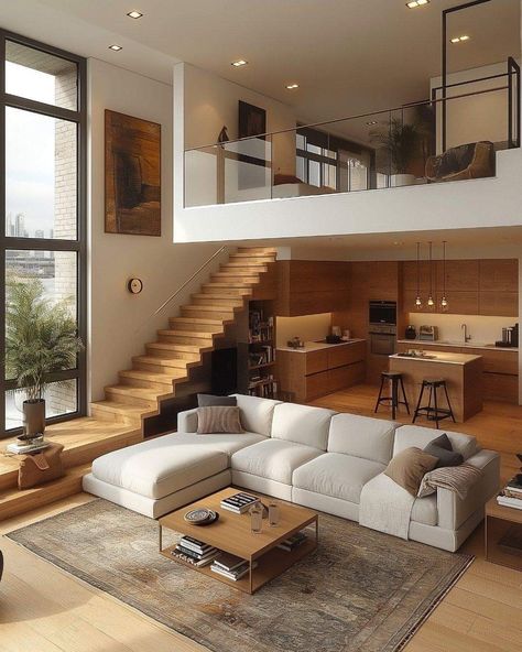 Loft Second Floor Ideas, High Ceiling Living Room Small House, Loft In Living Room, 2 Floor Apartment, Mezzanine House Design, Living Room Designs India, Loft House Design, High Ceiling Living Room, Tiny House Loft