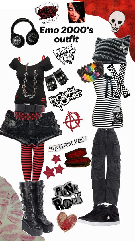 Band tees were a must-have, featuring favorite emo or punk rock bands. Tight-fitting shirts in black or dark colors were also popular, sometimes with graphic prints or ripped but for girls they might wear a mini skirt or ruffled dress in black or dark colors. 00s Emo Fashion, Red And Black Scene Outfit, Red Scene Outfits, My Chemical Romance Concert Outfit, My Chemical Romance Outfits, 2010s Emo, Fishnets Outfit, 2010 Emo, Crow Core