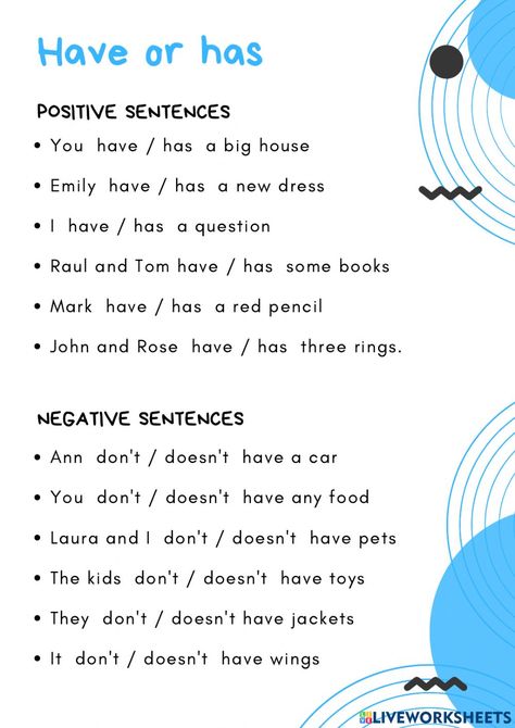 Have Has Exercises English, Do You Have Worksheet, Have To Has To Worksheet, Have Or Has Worksheet, Has And Have Worksheets, Have Has Worksheets, Has Have Worksheets, Verb To Have, Teaching Vowels