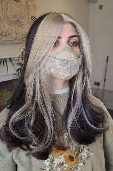 Dark Brown White Hair, Half Platinum Half Brown Hair, Black And Pastel Hair, Half Silver Hair, Partly Bleached Hair, White Highlights On Brown Hair, Black And Blonde Hairstyles, Mechas Color Beige, Brown Hair With White Highlights