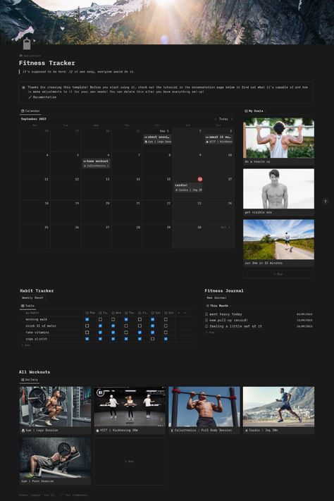 Track all your fitness goals with this simple and intuitive Notion template! #digitaltemplate #notiontemplate #fitness #health #workout #fitnessplanner Notion Health Template, Gym Notion, Notion Fitness Template, Notion Workout Template, Fitness Notion Template, Notion Layout, Routine App, Digital Fitness Planner, Fitness Planner Free