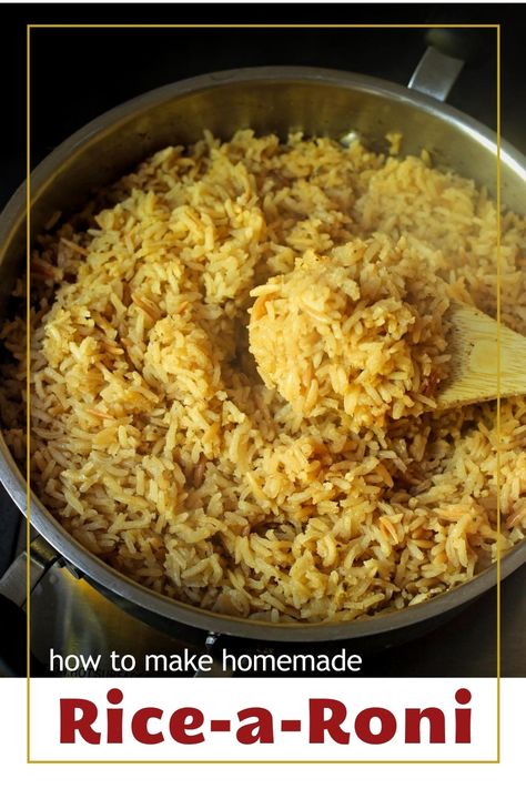 Ditch the boxed mixes now that you can make homemade seasoned rice pilaf better than any mix. Easy, delicious, and only 38 cents/serving. Homemade Rice A Roni, Rice Dishes Easy, Rice A Roni, Homemade Chicken Stock, Pasta Sides, Rice Pilaf, Rice Side Dishes, Seasoned Rice, Small Pasta